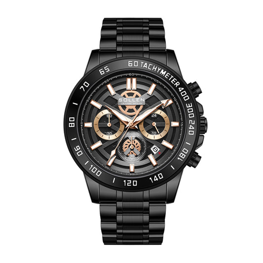 Sollen SL722 Chronograph Watch - Men's All-Black Case Multi-Function Stainless Steel Link Bracelet Wristwatch