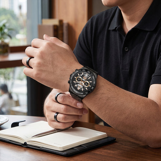 Sollen SL722 Chronograph Watch - Men's All-Black Case Multi-Function Stainless Steel Link Bracelet Wristwatch