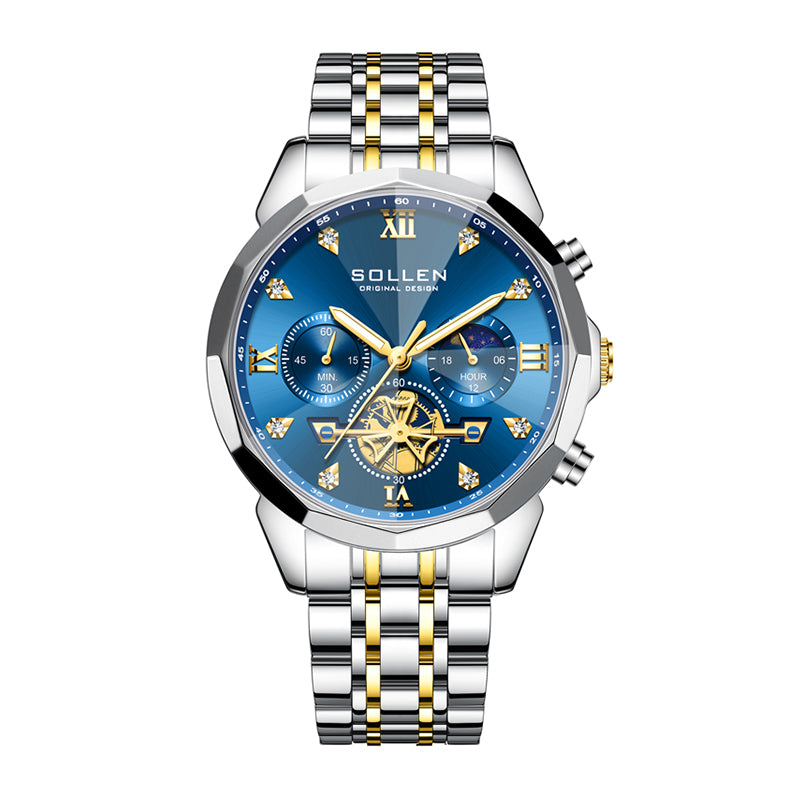Sollen SL723 Chronograph Watch - Men's Multi-Function Moonphase Two-Tone Stainless Steel Link Bracelet Wristwatch