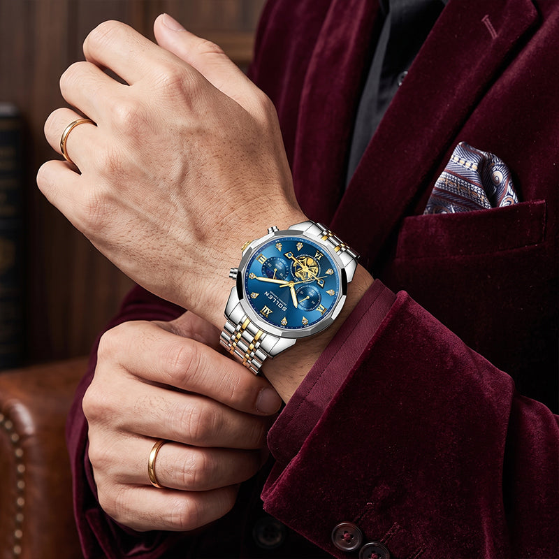 Sollen SL723 Chronograph Watch - Men's Multi-Function Moonphase Two-Tone Stainless Steel Link Bracelet Wristwatch