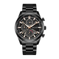 Sollen SL725 Chronograph Watch - Men's All-Black Case Multi-Function Stainless Steel Link Bracelet Wristwatch