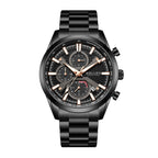 Sollen SL725 Chronograph Watch - Men's All-Black Case Multi-Function Stainless Steel Link Bracelet Wristwatch