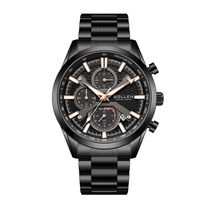 Sollen SL725 Chronograph Watch - Men's All-Black Case Multi-Function Stainless Steel Link Bracelet Wristwatch