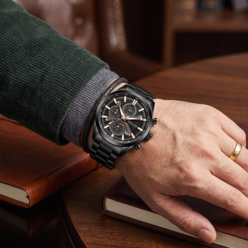 Sollen SL725 Chronograph Watch - Men's All-Black Case Multi-Function Stainless Steel Link Bracelet Wristwatch