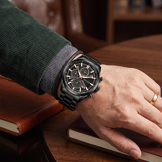 Sollen SL725 Chronograph Watch - Men's All-Black Case Multi-Function Stainless Steel Link Bracelet Wristwatch