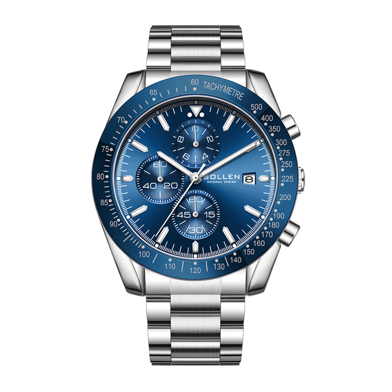 Sollen SL726 Chronograph Watch - Men's Multi-Function Stainless Steel Link Bracelet Wristwatch
