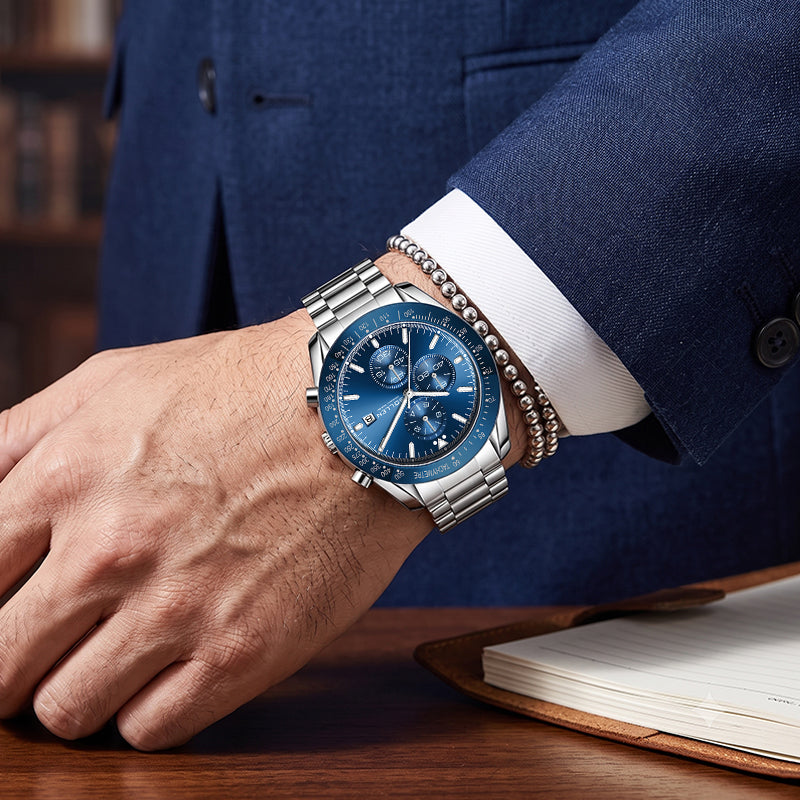 Sollen SL726 Chronograph Watch - Men's Multi-Function Stainless Steel Link Bracelet Wristwatch