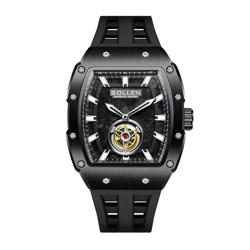Sollen SL727 Quartz Watch - Men's Tonneau Case 3D Textured Dial Performance Silicone Strap Wristwatch