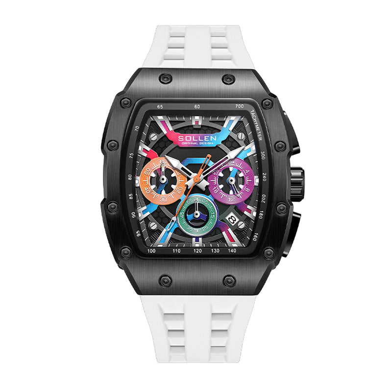 Sollen SL728 Chronograph Watch - Men's Tonneau Case Multi-Color Dial Performance Silicone Strap Wristwatch