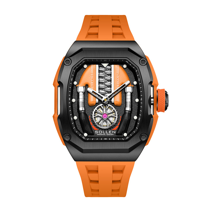 Sollen SL729 Sport Watch - Men's Racing Tonneau Engine Relief 6H Small Seconds Luminous Silicone Strap Wristwatch