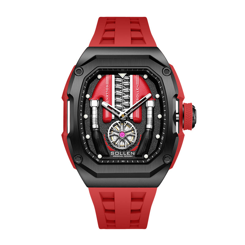 Sollen SL729 Sport Watch - Men's Racing Tonneau Engine Relief 6H Small Seconds Luminous Silicone Strap Wristwatch