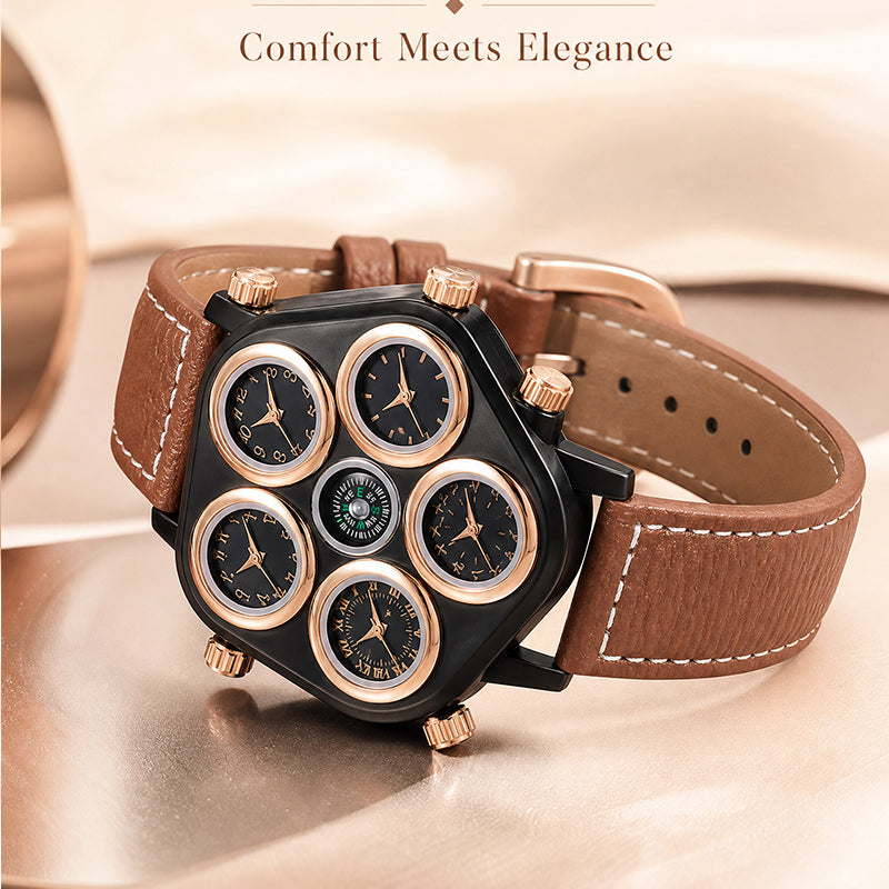 Oulm HP9153 Live Edition Men's Tactical Watch - Cyberpunk Multi Time Zone 5-Movement Armor Case with Centered Compass Sport Leather Strap Wristwatch