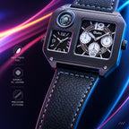 Oulm HP9150 Quartz Watch - Live Edition Men's Heavy Steampunk Dual Time Zone Industrial Black Case Luminous Hands Compass Wide Leather Strap Tactical Wristwatch
