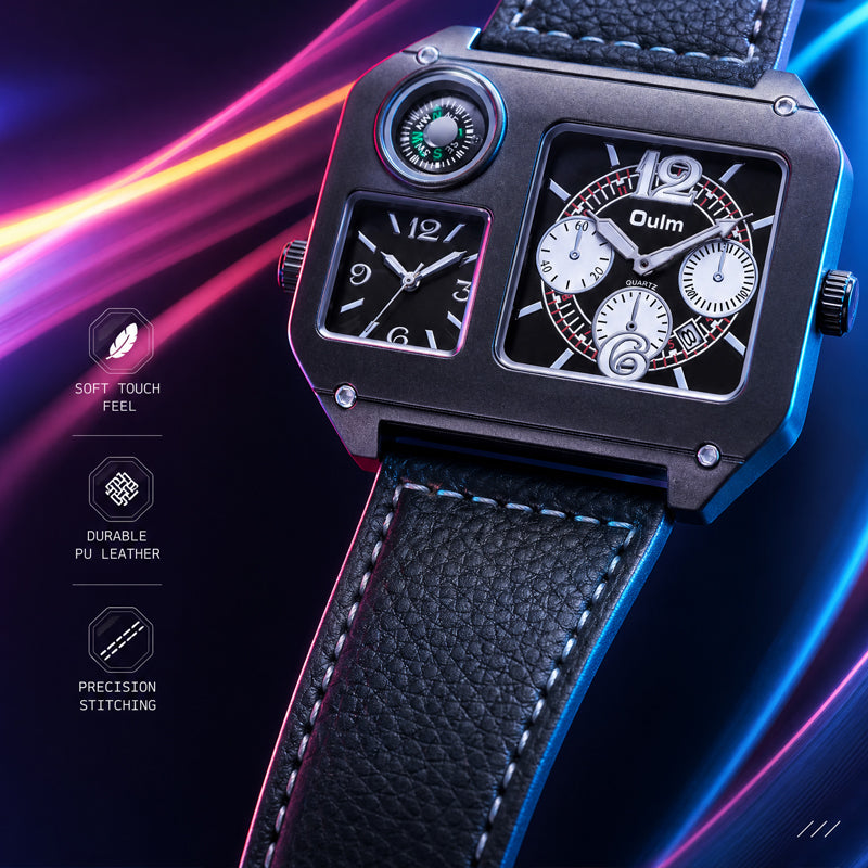 Oulm HP9150 Quartz Watch - Live Edition Men's Heavy Steampunk Dual Time Zone Industrial Black Case Luminous Hands Compass Wide Leather Strap Tactical Wristwatch