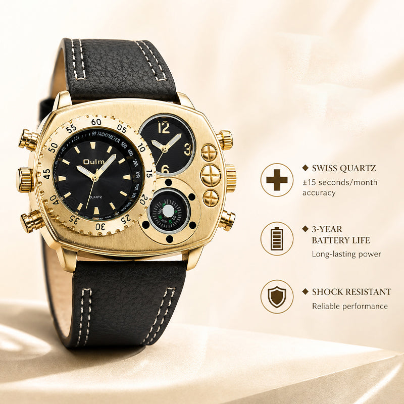 Oulm HP9865 Live Edition Men's Tactical Watch - Cyberpunk Multi Time Zone Dual Movement Armor Case with Built-in Compass Wide Strap Sport Wristwatch