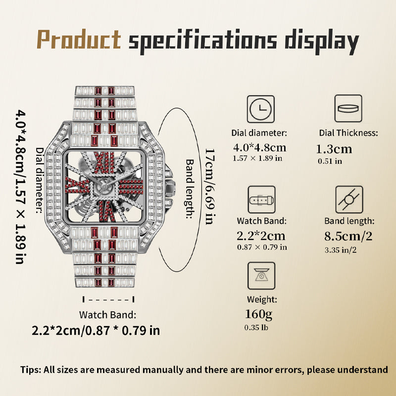 PRECIOUS 8208 Live Edition Men's Iced Out Watch - Luxury Baguette Crystals Encrusted Square Case Fully Skeleton See Through Dial Metal Band Hiphop Wristwatch
