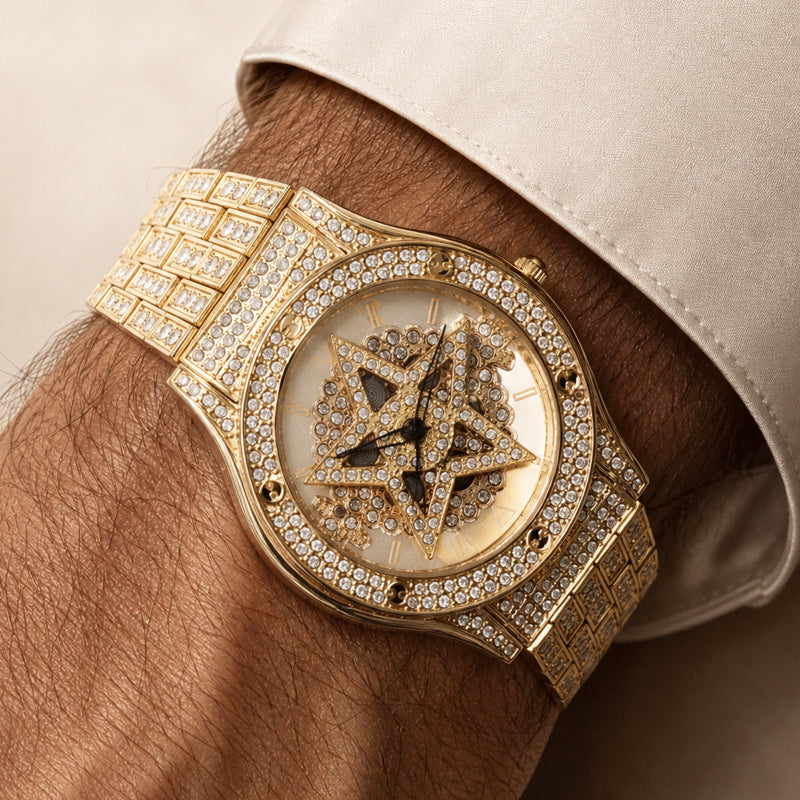LOOK WORLD RKS245 Live Edition Men's Iced Out Watch - Luxury Full Crystals Encrusted Round Case Creative Spinning Star Dial Metal Band Hiphop Wristwatch