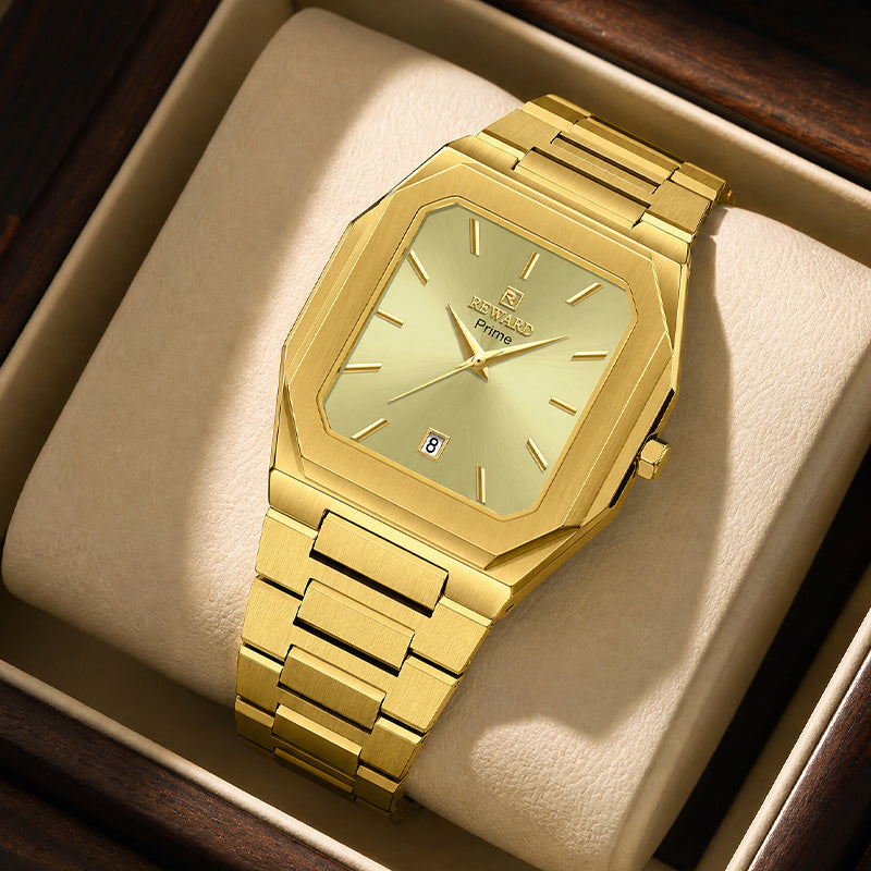 REWARD RD 613151M Quartz Watch - Live Edition Men's Retro Square Case Full IPG Gold Stainless Steel Band Ultra-Slim 8.5mm Body Luminous Hands 6H Date Sunburst Dial Wristwatch