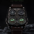 Oulm HP1140 Quartz Watch - Live Edition Men's Heavy Steampunk Dual Time Zone Industrial Black Case Luminous Hands Compass Wide Leather Strap Tactical Wristwatch