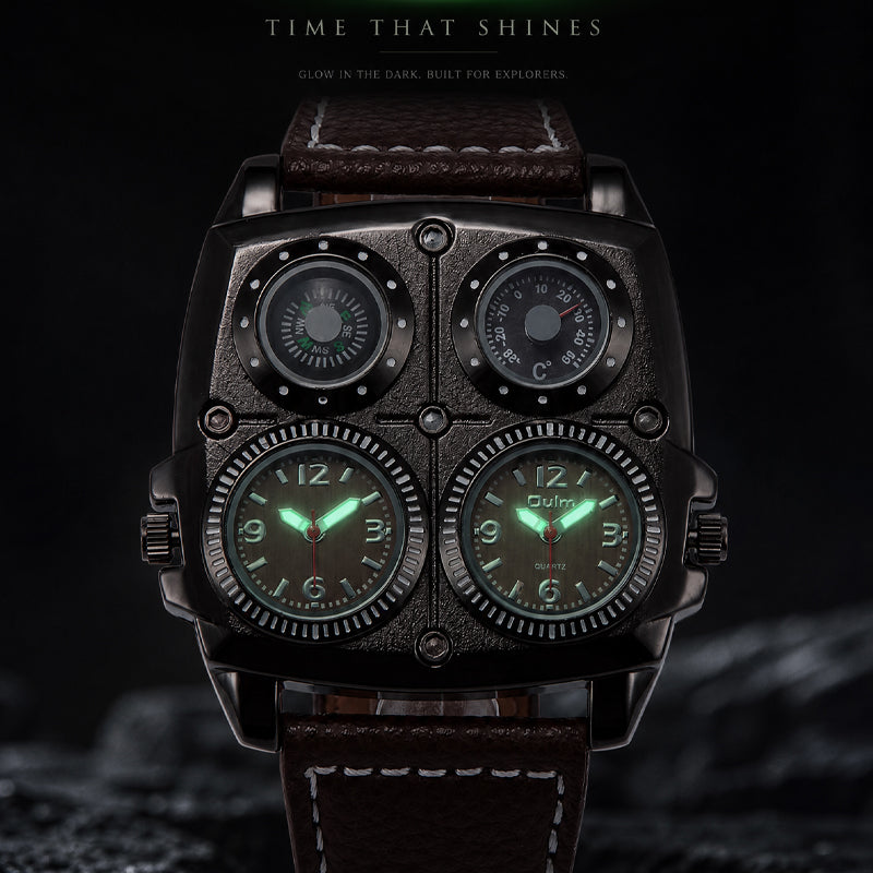 Oulm HP1140 Quartz Watch - Live Edition Men's Heavy Steampunk Dual Time Zone Industrial Black Case Luminous Hands Compass Wide Leather Strap Tactical Wristwatch