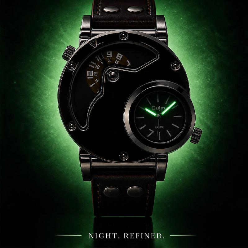 Oulm HP9591 Quartz Watch - Live Edition Men's Heavy Steampunk Dual Time Zone Industrial Black Case Luminous Hands Wide Leather Strap Tactical Wristwatch