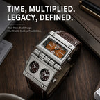 Oulm HP9525 Live Edition Men's Cyberpunk Watch - Tactical Multi Time Zone Triple Movement Steampunk Folding Case Wide Leather Strap Sport Wristwatch