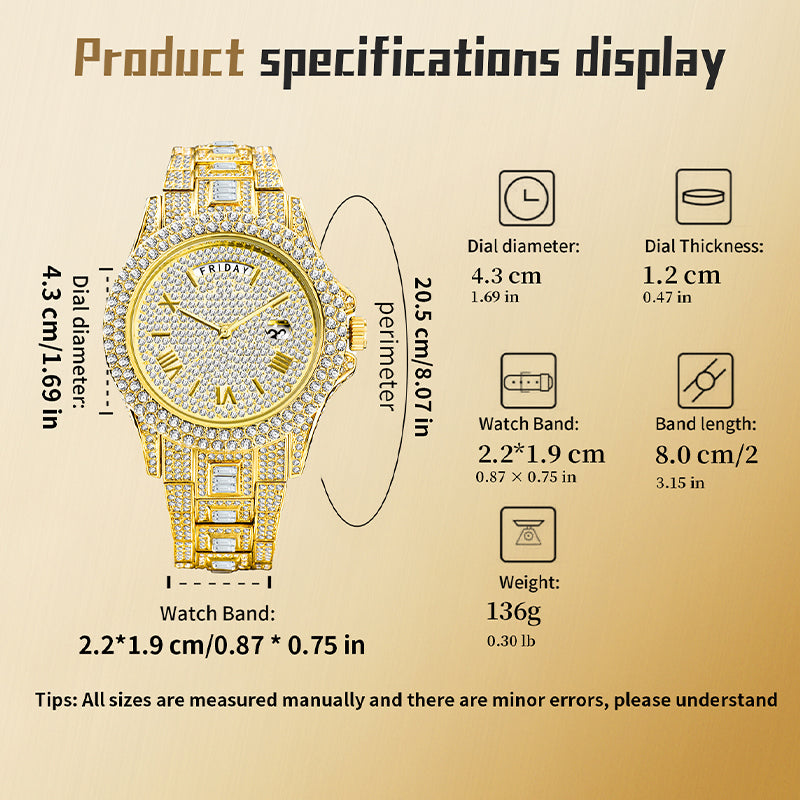 KDW KDW2386 Live Edition Men's Luxury Iced-Out Quartz Watch - 43mm Full Crystal Bezel & Bracelet Arc 12H Day 3H Date Roman Numeral Dial Metal Wristwatch