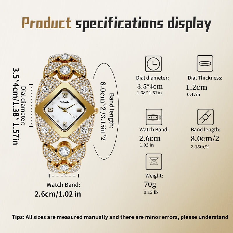 BELBI BL8113 Quartz Watch - Live Edition Women's Luxury Full IPG Gold Crystal Pavé Ornate Shield Case Mother-of-Pearl Dial Jewelry Bracelet Wristwatch