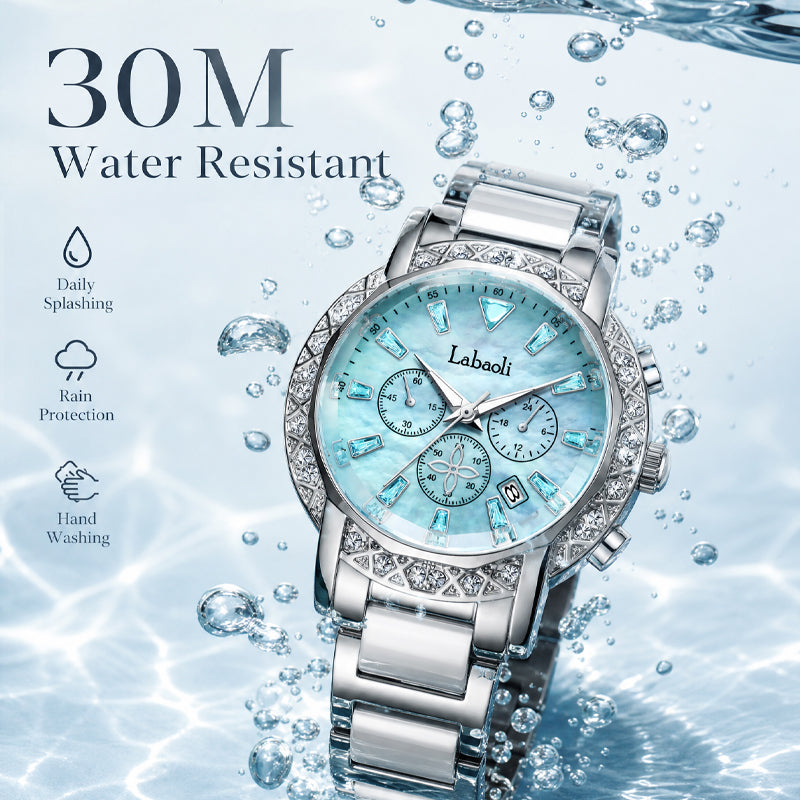 Labaoli LA559 Quartz Watch - Live Edition Women's Luxury 37mm Crystal-Encrusted Bezel Diamond-Cut Lens Chronograph Style Dial Slanted Date Two-Tone Link Bracelet Wristwatch