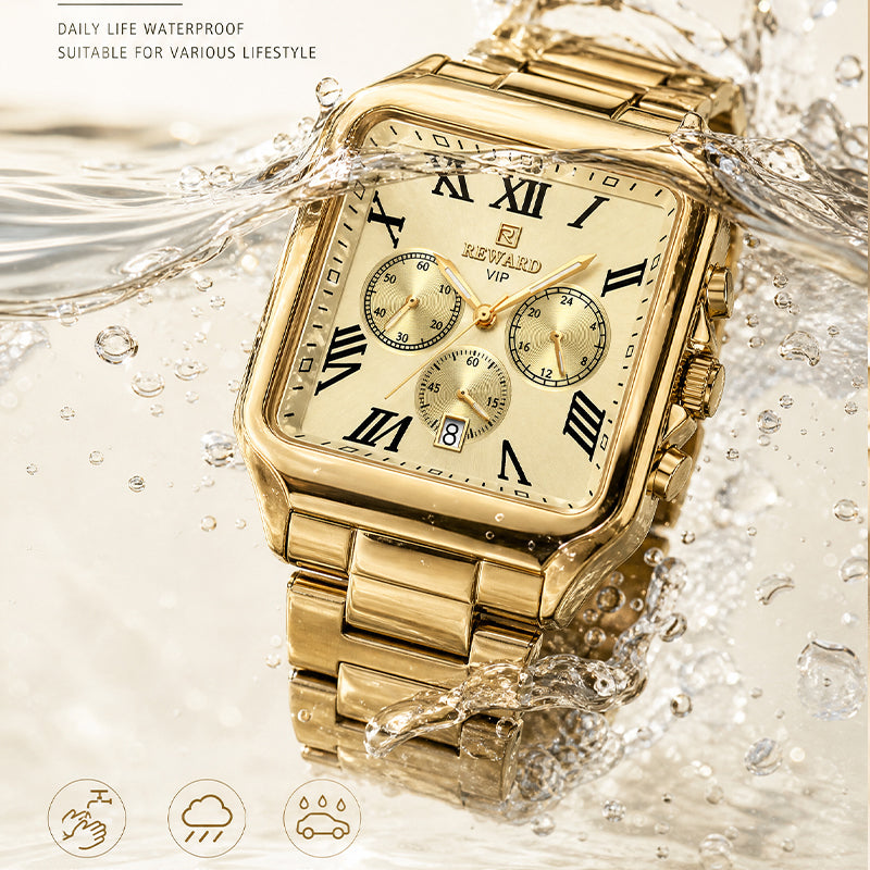 REWARD RD 812265M Quartz Watch - Live Edition Men's Luxury Square Case Full IPG Gold Roman Numerals Chronograph Luminous Hands Date Stainless Steel Band Wristwatch