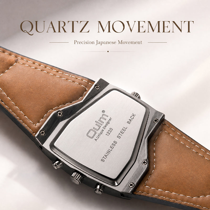 Oulm HP1220 Quartz Watch - Live Edition Men's Steampunk Dual Time Zone Asymmetrical IPB Black Case 44mm Wide PU Leather Cuff Band Wristwatch