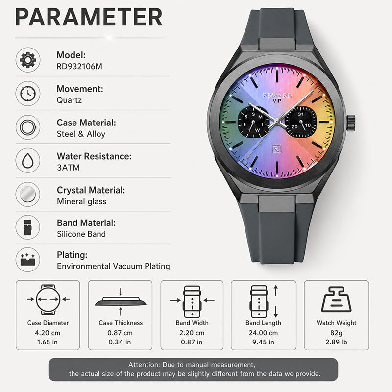 REWARD RD 932106M Quartz Watch - Live Edition Men's Ultra-Slim 8.7mm Case Dual Calendar Sub-Dials Luminous Hands Gradient Rainbow Dial Sport Silicone Strap Wristwatch