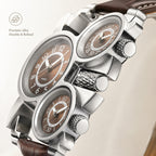 Oulm HP1167 Quartz Watch - Live Edition Men's Heavy Steampunk Triple Time Zone Industrial Silver Case Luminous Hands Leather Strap Tactical Wristwatch