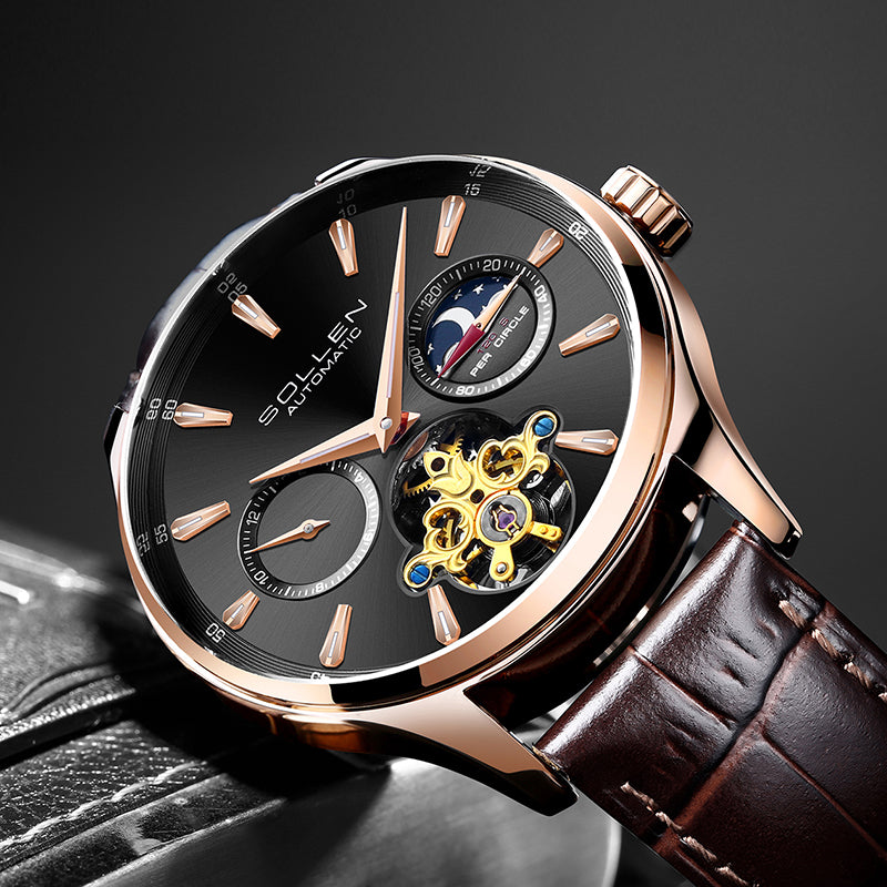 Sollen SL306 Men's Open Heart Automatic Mechanical Watch - 41mm Stainless Steel Case Moon Phase Dual Time Luminous Dial Wristwatch