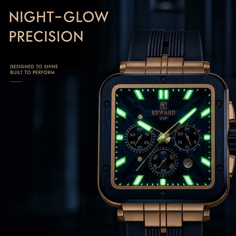 REWARD RD 833569M Quartz Watch - Live Edition Men's Luxury Bold Square Case Full Chronograph Luminous Hands Date Window Sport Silicone Strap Wristwatch