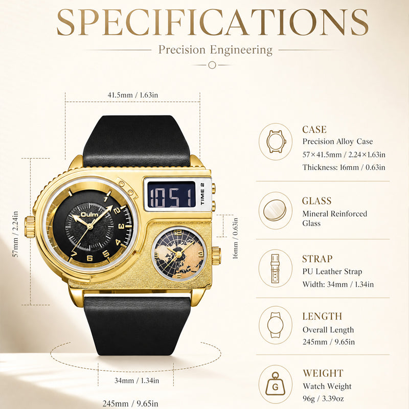 Oulm HP5026 Live Edition Men's Tactical Watch - Cyberpunk Multi Time Zone Ana-Digi Dual Core Armor Case Wide Strap Sport Wristwatch