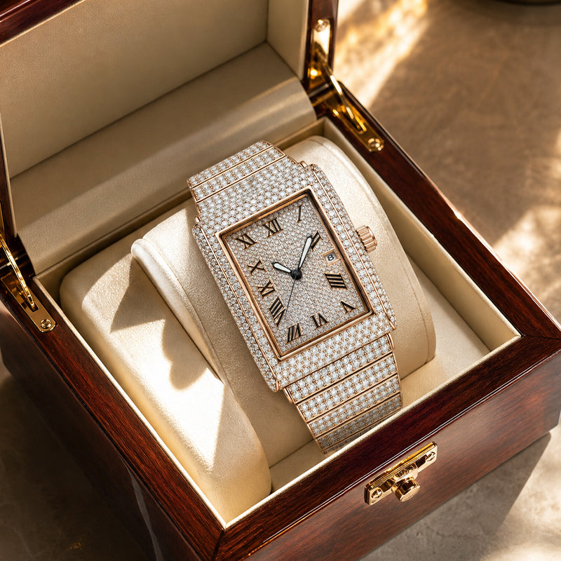 KDW KDW8315L Quartz Watch - Live Edition Women's Luxury 46mm Full Iced-Out Crystal Pavé Square Case Roman Numeral Day-Date Luminous Hands Fully Encrusted Link Bracelet Wristwatch