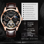 Sollen SL302 Men's Open Heart Automatic Mechanical Watch - 41mm Stainless Steel Case Moon Phase Dual Time Sunburst Dial Wristwatch