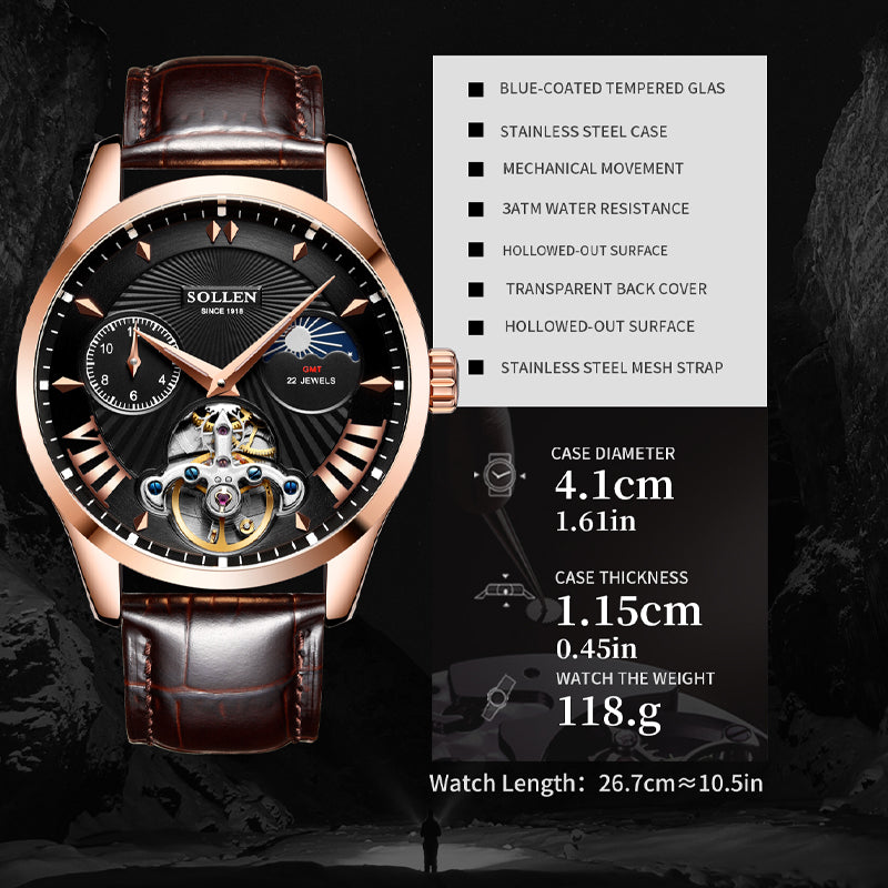 Sollen SL302 Men's Open Heart Automatic Mechanical Watch - 41mm Stainless Steel Case Moon Phase Dual Time Sunburst Dial Wristwatch