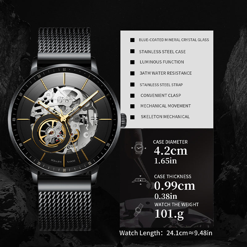 Sollen SL316 Men's Open Heart Full Skeleton Automatic Mechanical Watch - 42mm Stainless Steel Case Slim 9.9mm Acrylic Dial Wristwatch