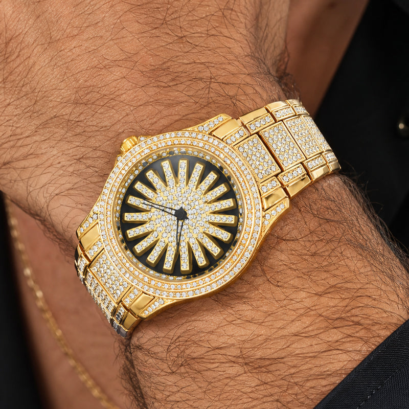 LOOK WORLD RKS1006 Live Edition Men's Iced Out Watch - Luxury Full Crystals Encrusted Bold Case Creative Spinning Sunburst Dial Metal Band Hiphop Wristwatch