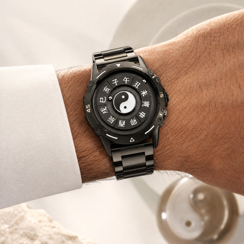 LONGBO LB83899 Quartz Watch - Live Edition Men's Tech 44mm Black Case No-Glass Magnetic Rolling Ball Pointerless Chinese Tai Chi Twelve Earthly Branches Theme Steel Link Bracelet Wristwatch