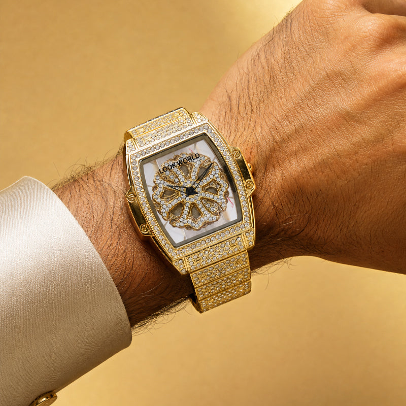 LOOK WORLD RKS267 Live Edition Men's Iced Out Watch - Luxury Full Crystals Encrusted Cushion Case Creative Rotating Spinning Dial Metal Band Hiphop Wristwatch
