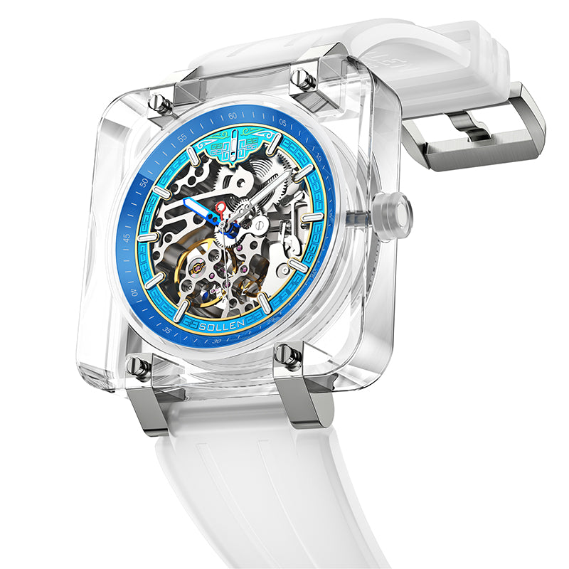Sollen SL325 Men's Square Skeleton Automatic Mechanical Watch - 42mm Transparent K9 Crystal Case Open Heart Luminous Dial Liquid Silicone Strap Wristwatch