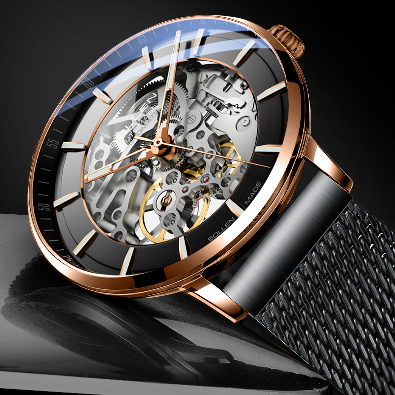 Sollen SL359 Men's Open Heart Full Skeleton Automatic Mechanical Watch - 42mm Stainless Steel Case Slim 9.9mm Luminous Markers Mesh Bracelet Wristwatch