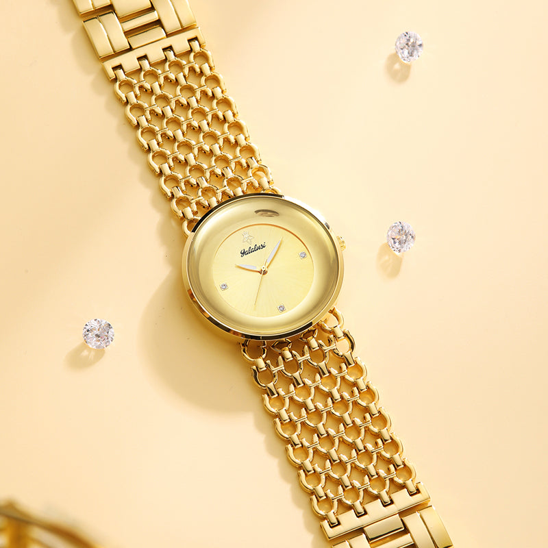 LX-1016 Quartz Watch - Live Edition Unisex Modern 40mm Ultra-Slim 8mm Case Faceted Cut Lens Full IPG Gold Plating Luxury 26mm Woven-Link Bracelet Timepiece