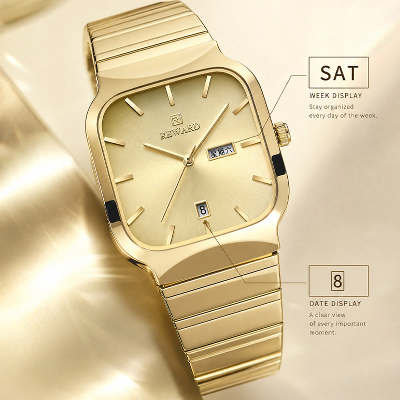 REWARD RD 611264M Quartz Watch - Live Edition Men's Retro TV-Shaped Full IPG Gold Stainless Steel Band Separated Day-Date Sunburst Dial Wristwatch