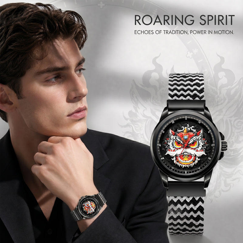 WLS6158 Quartz Watch - Live Edition Men's Streetwear 43mm Black Case Chinese Lion Dance Cultural Dial Luminous Facing Sport Silicone Elastic Woven Strap Wristwatch