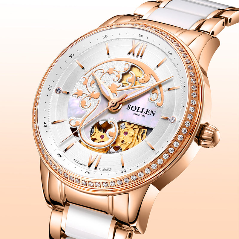 Sollen SL412 Women's Skeleton Automatic Watch - 36.5mm Crystal Bezel Sapphire Crystal Miyota 82S0 Ceramic Bracelet Wristwatch