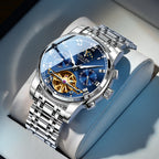 Sollen SL804 Multi-Function Watch - Men's Open-Heart Moonphase Sunburst Dial 7-Bead Stainless Steel Bracelet Wristwatch